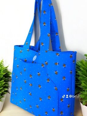 Blue Bee-Print Tote Bag